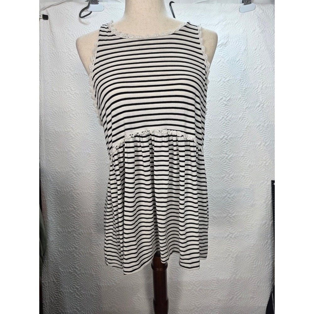 POL Babydoll Tank Top Women L Black White Striped Crochet Lace Boho Tunic
